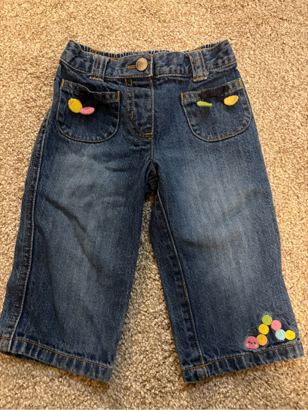 Girls' Dark Blue Denim Capris with Colourful Caterpillar
